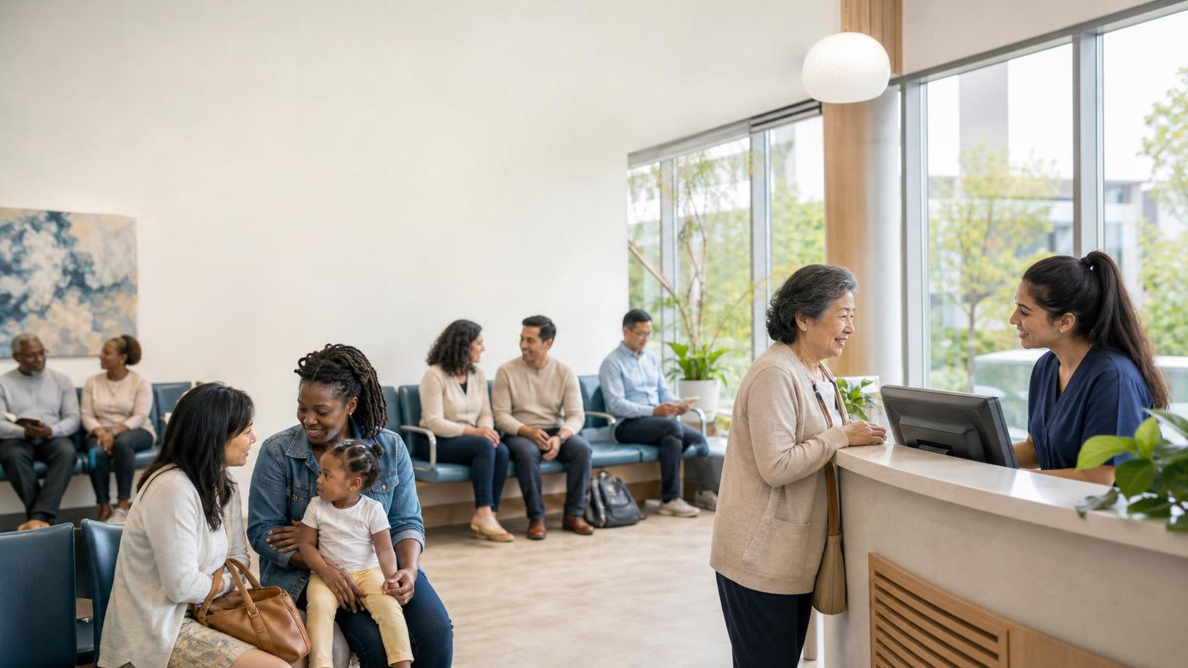 Diverse patients and staff in a clinic waiting area